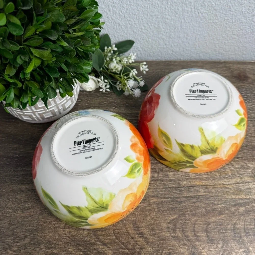 Pier 1 Amelia Floral Ironstone Bowls Set of 2 Colorful Cottage Kitchen 6